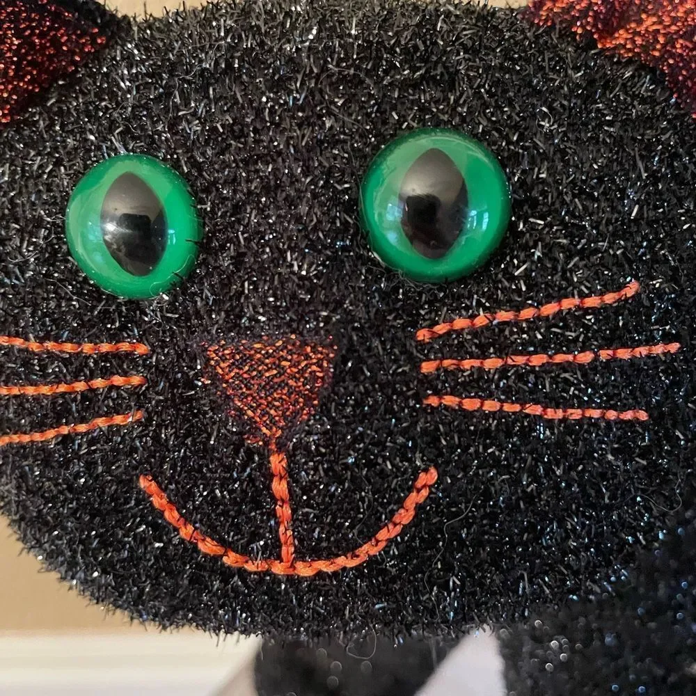 Vintage Black Cat Sparkling Green eyes Plush Free Standing Cat